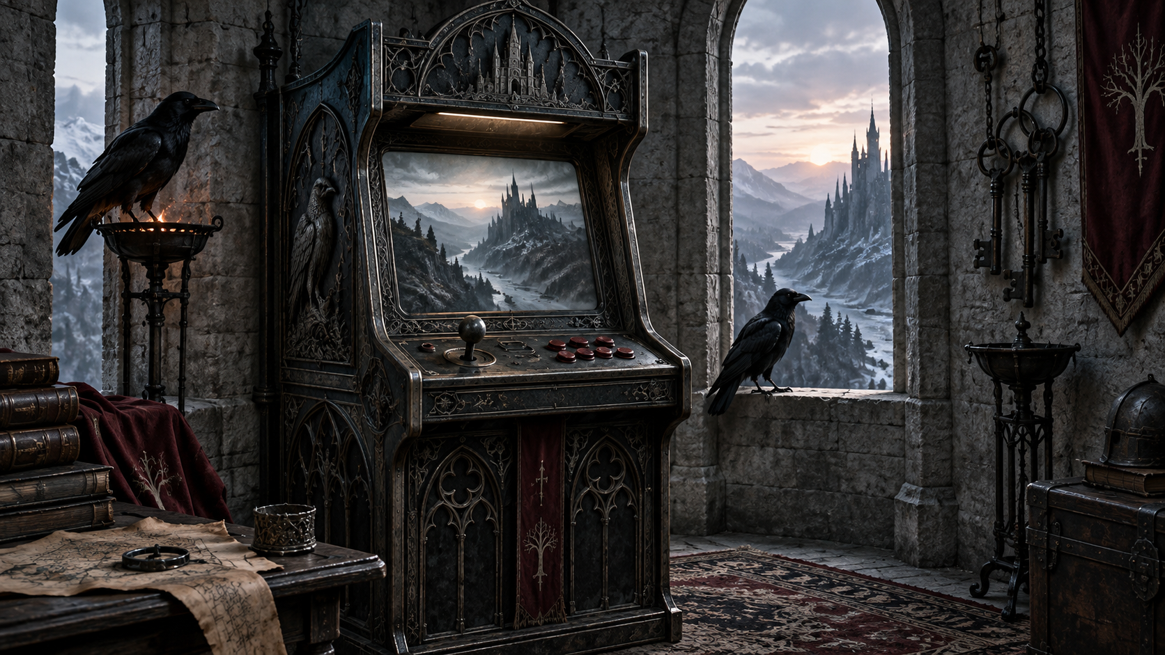 A game cabinet in a raven tower
