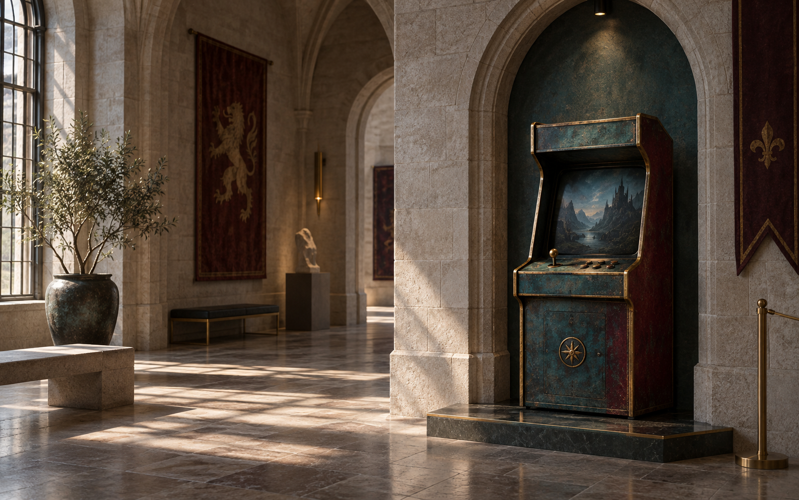 A game cabinet exhibited inside a limestone castle gallery