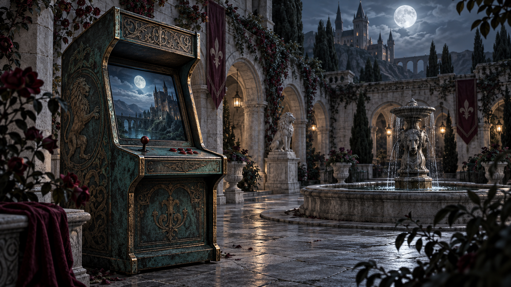 A game cabinet in a moonlit courtyard
